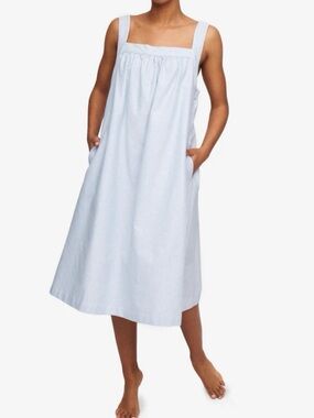 The Sleep Shirt - Cooton Light Blue Striped Midi Sundress with Pockets